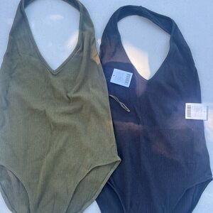 Ribbed Halter Bodysuits in Olive and Charcoal